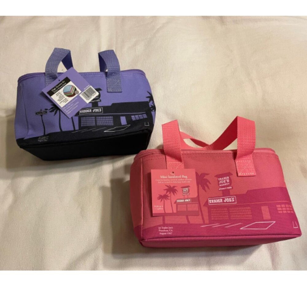 NWT! Set of 2: Trader Joe's Mini Insulated Tote Bag - PINK & LAVENDER